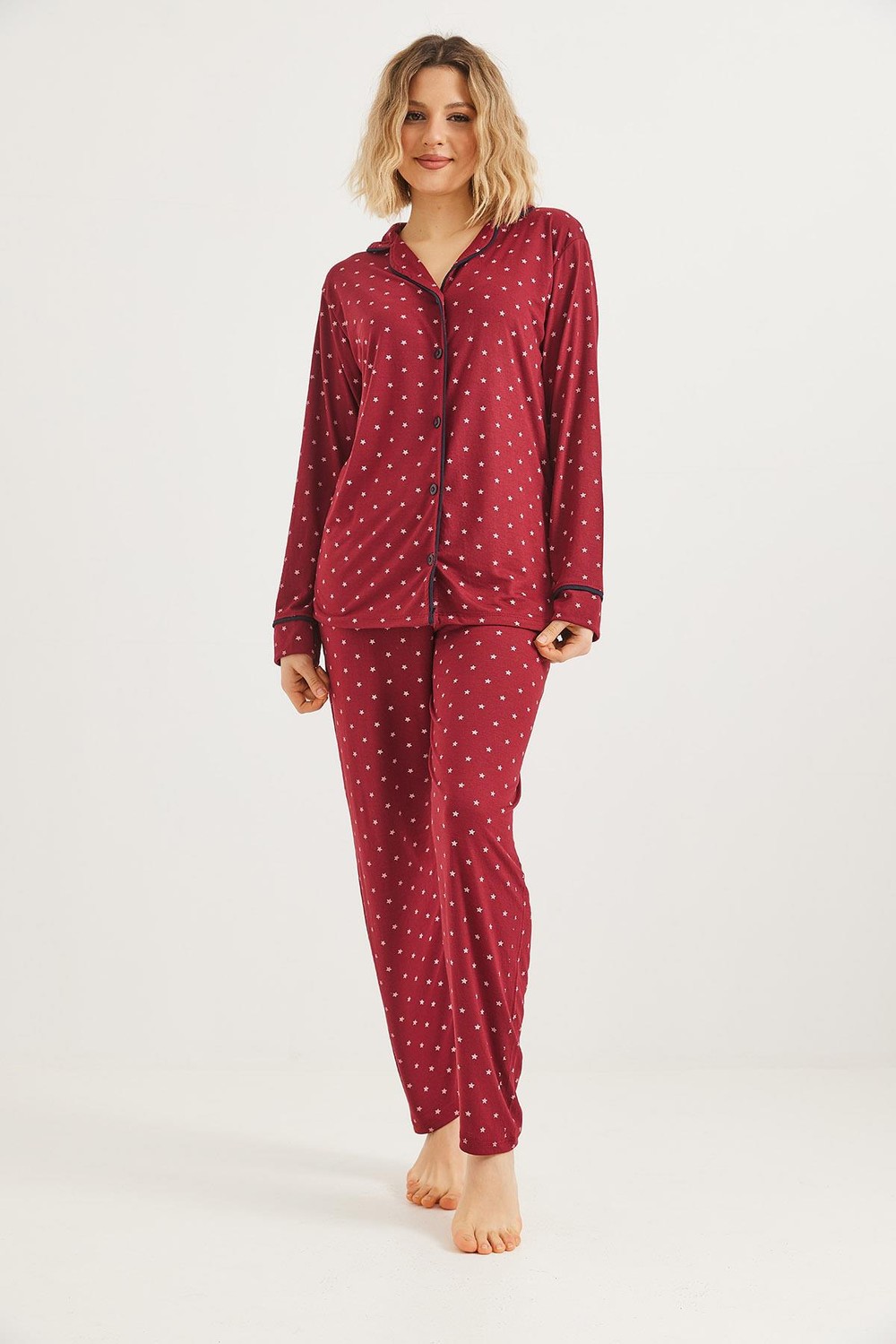 Düğmeli Uzun Kollu Pijama Takımı Kırmızı