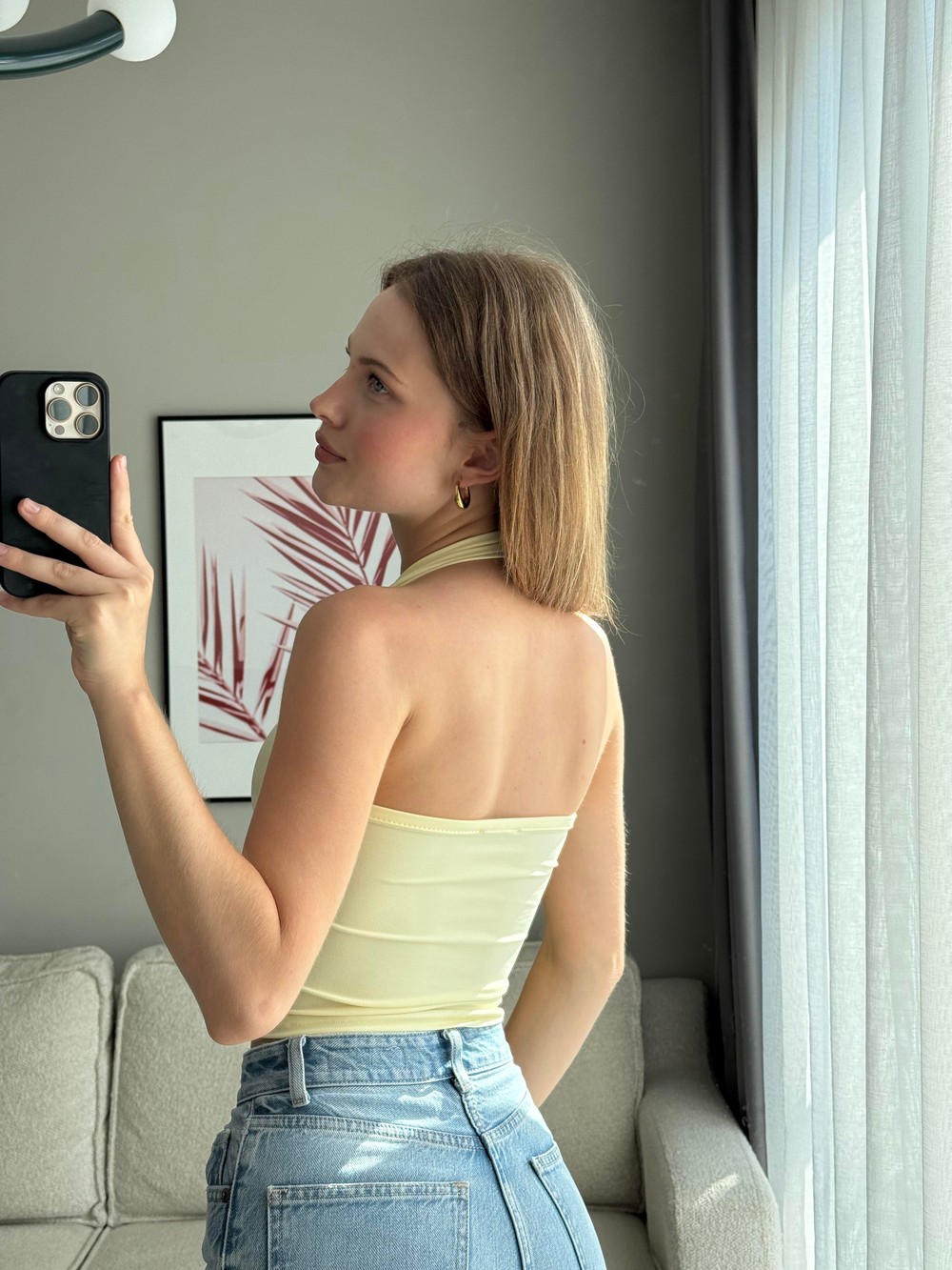 Boyundan Geçirmeli Crop Bluz Sarı