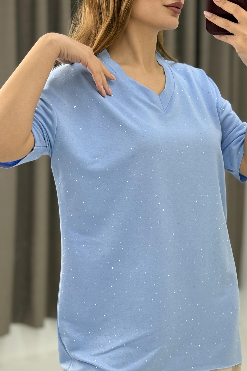 V Yaka Taşlı Yarım Kol T-shirt Mavi