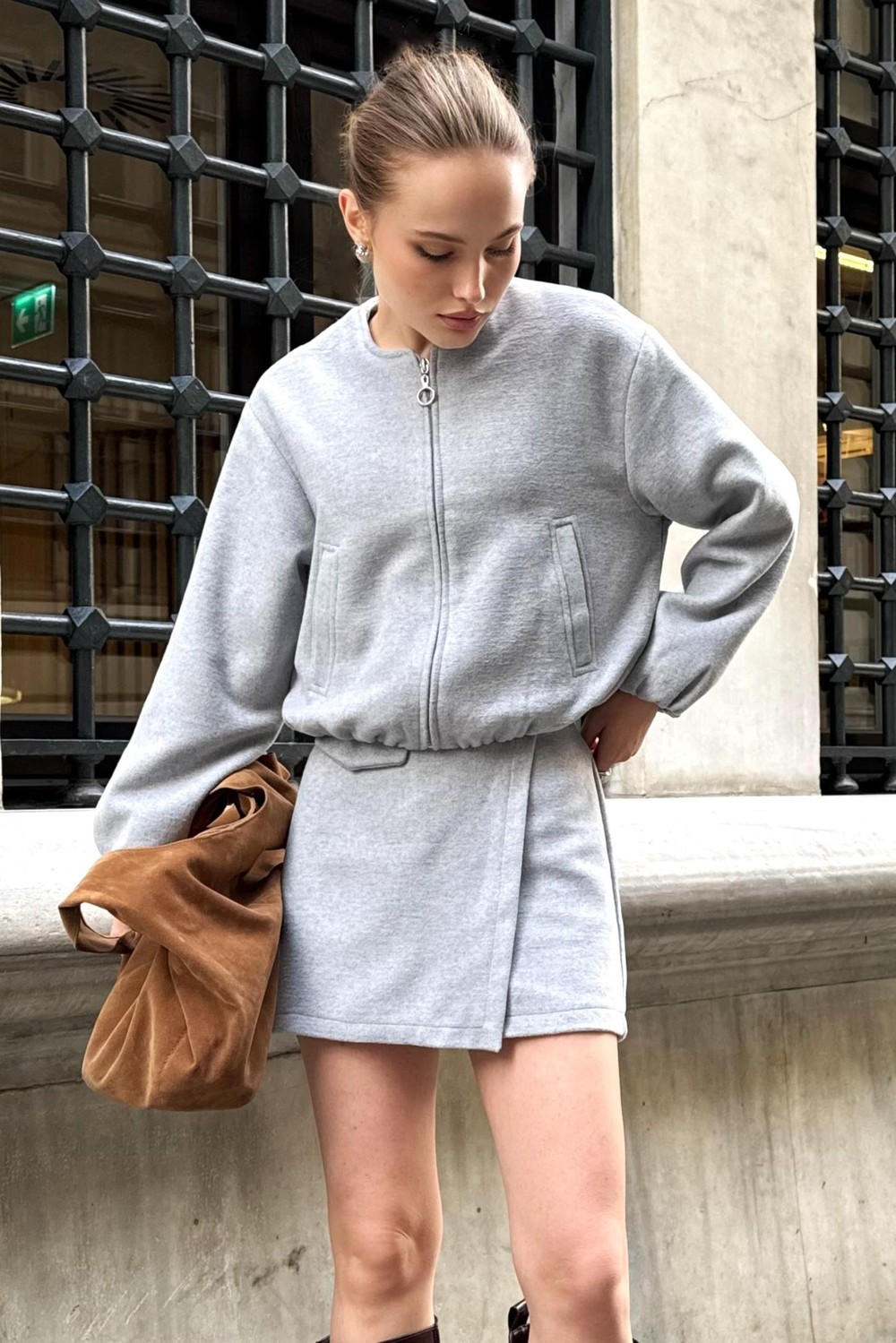 Kaşe Mini Şortlu Etek Gri