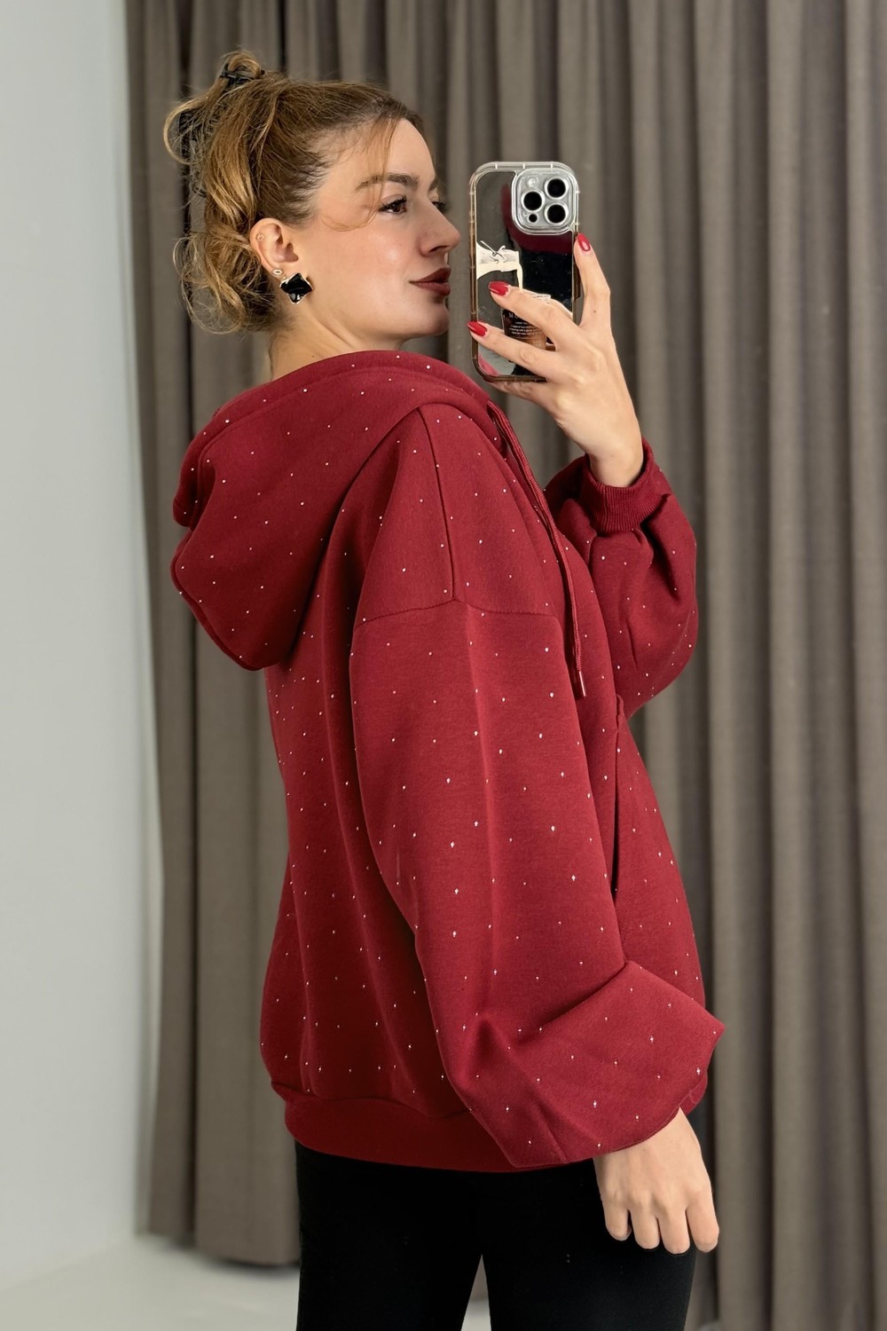Kadın Taş Detaylı Kapüşonlu 3 İplik Fermuarlı Sweatshirt Bordo