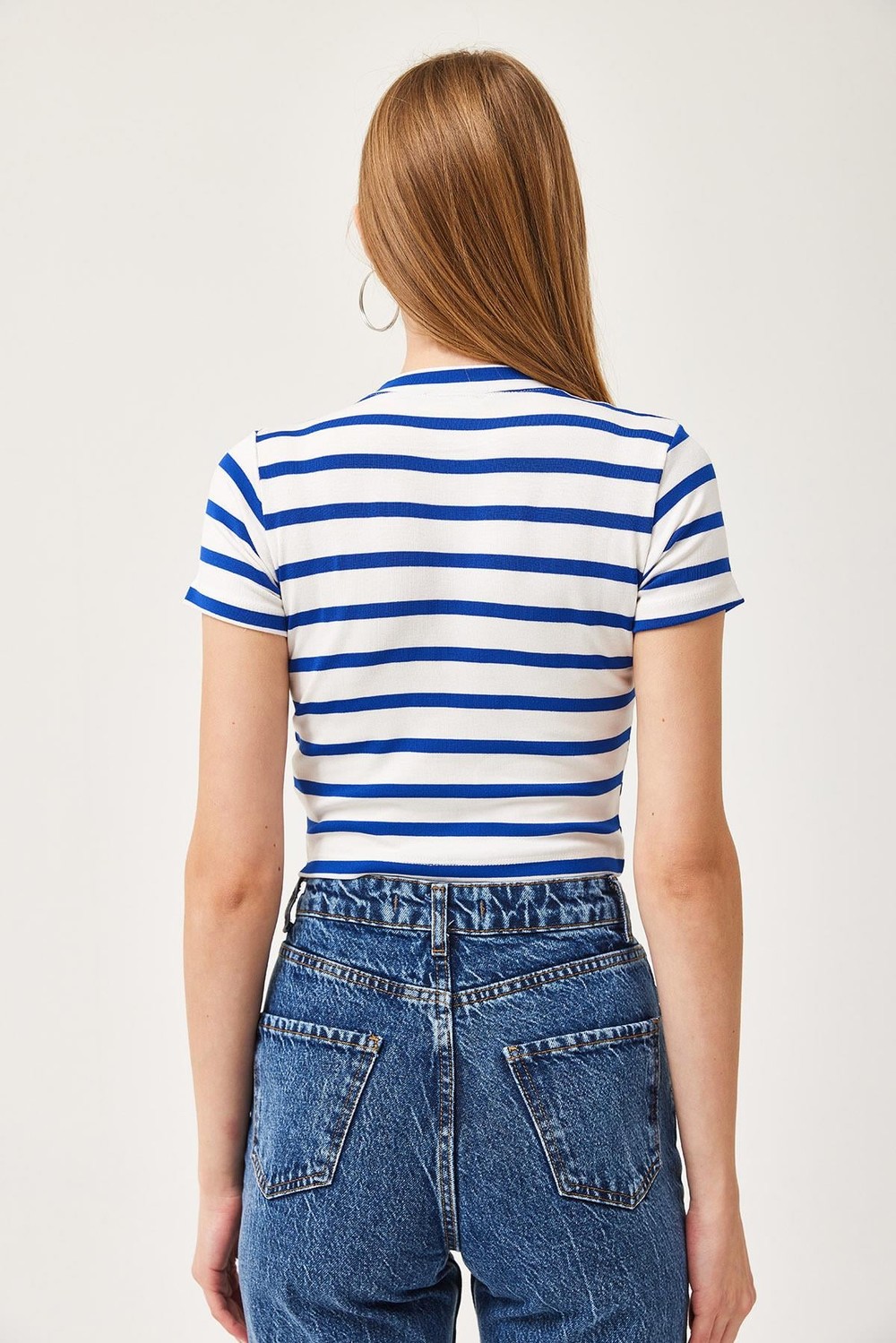 Çizgili Bisiklet Yaka Crop Bluz Mavi