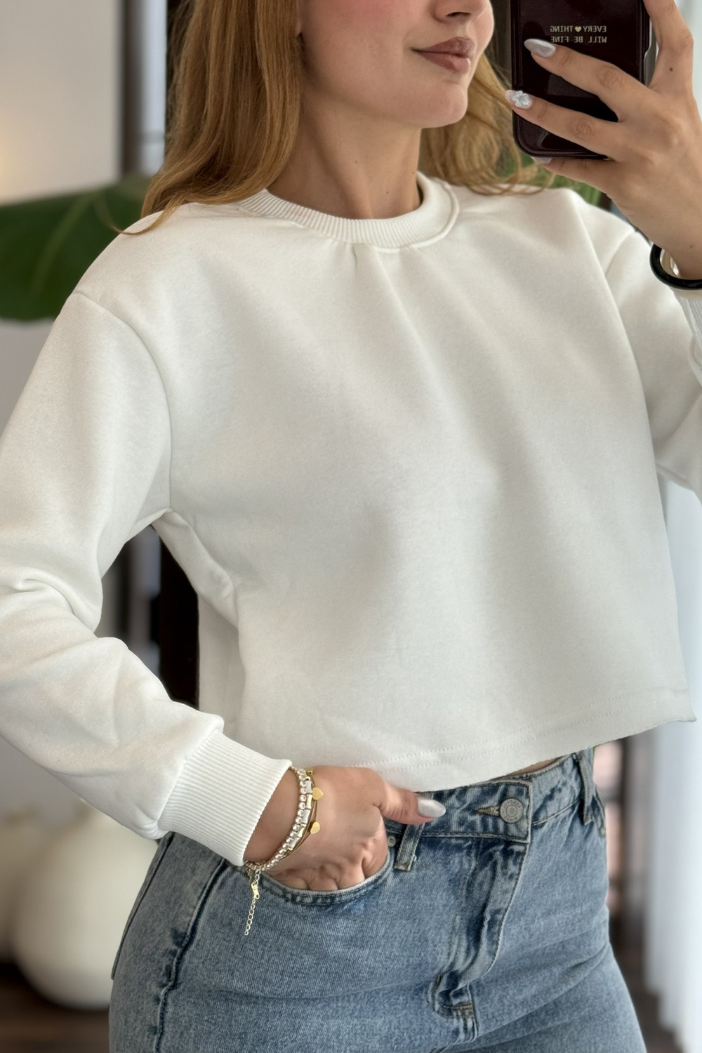 Kadın Bisiklet Yaka Sweatshirt Beyaz