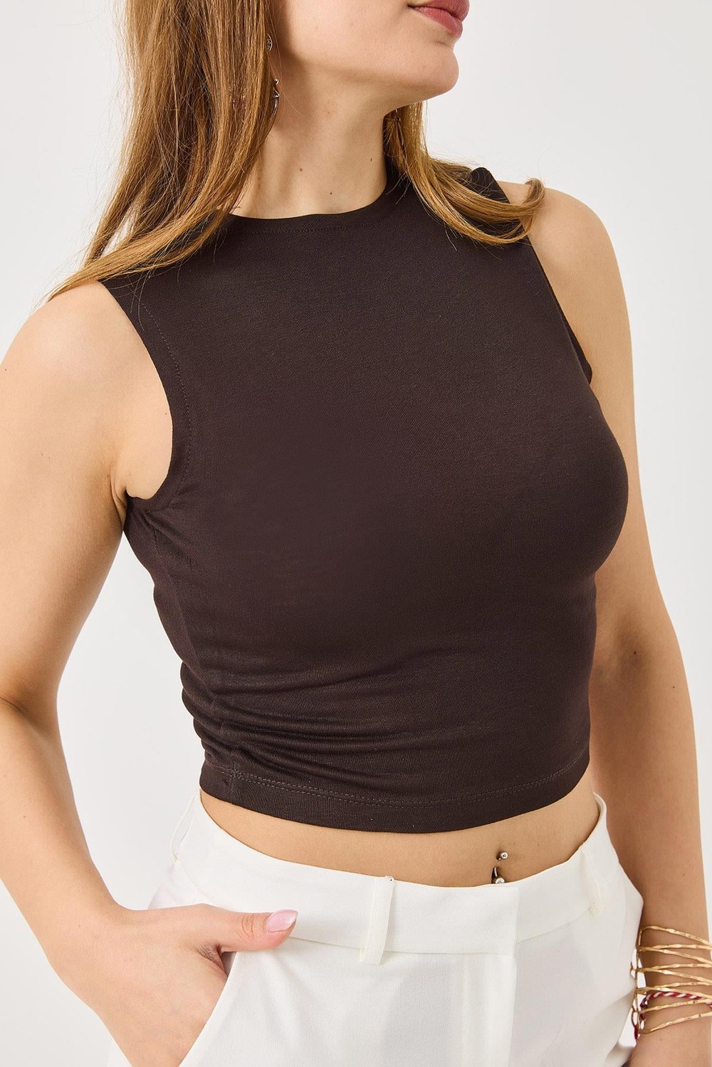 Full Transparan Kaşmir Askılı Crop Bluz Kahverengi