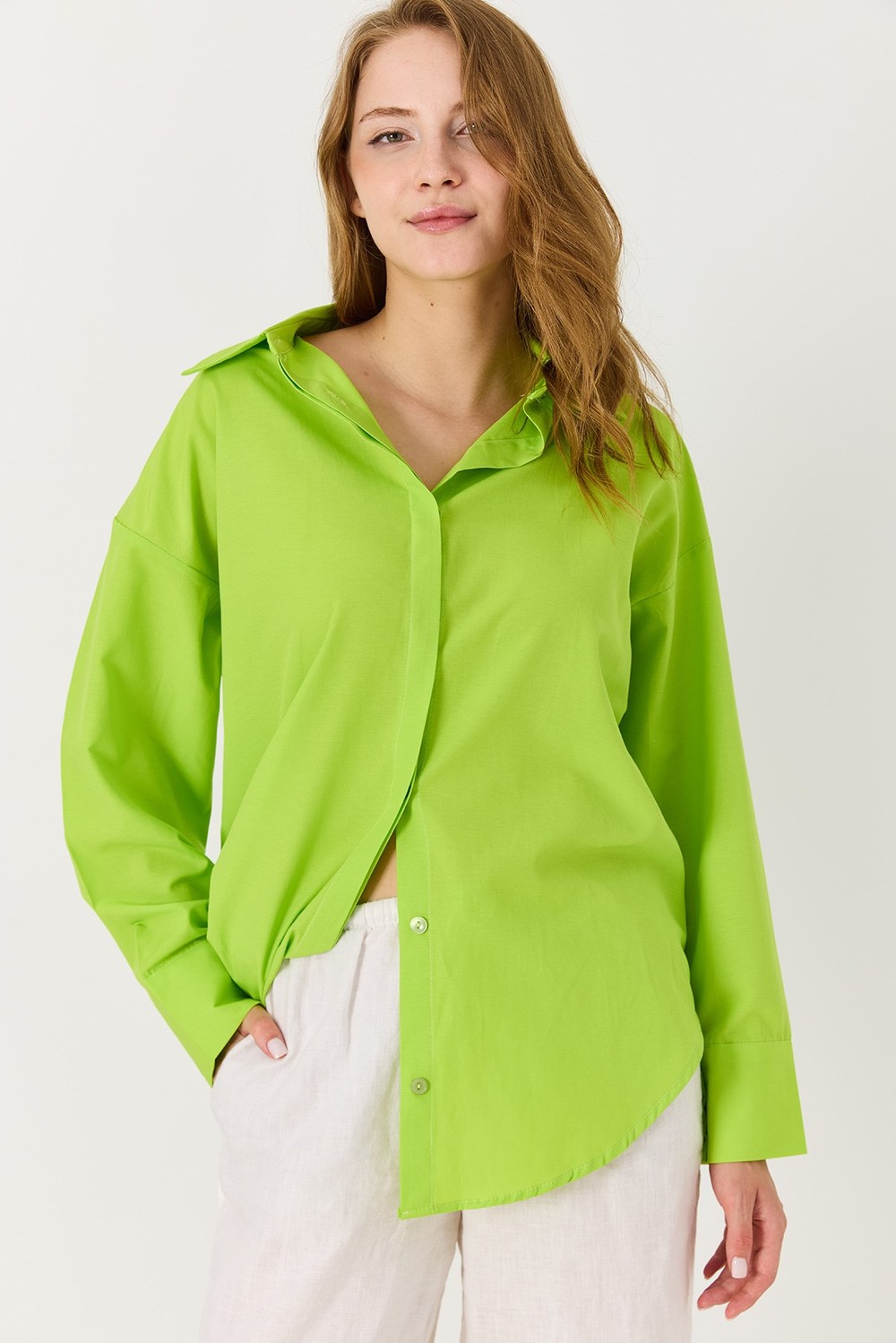 Oversize Basic Gömlek Fıstık Yeşili