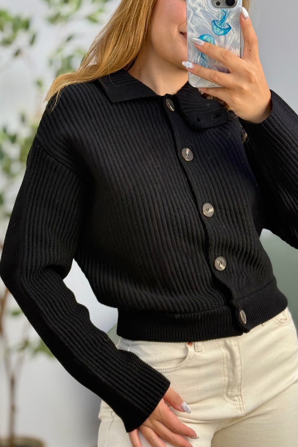Kadın Dik Yaka Düğme Detaylı Oversize Triko Hırka Siyah