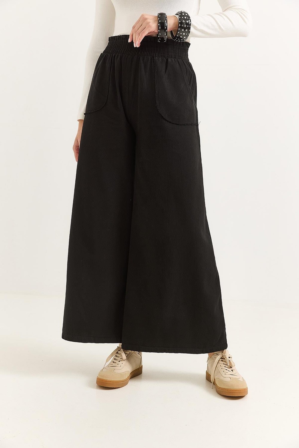 Kadın Pantalon Geniş Paça Cepleri Dikiş Detaylı  Pantalon Siyah