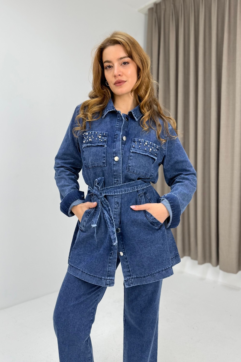 Kuşaklı Cepleri Taş Detaylı Pantolon Tunik Jean Takım