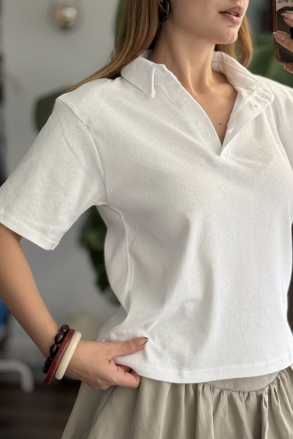 Kadın Vatkalı Polo Yaka Tshirt Beyaz