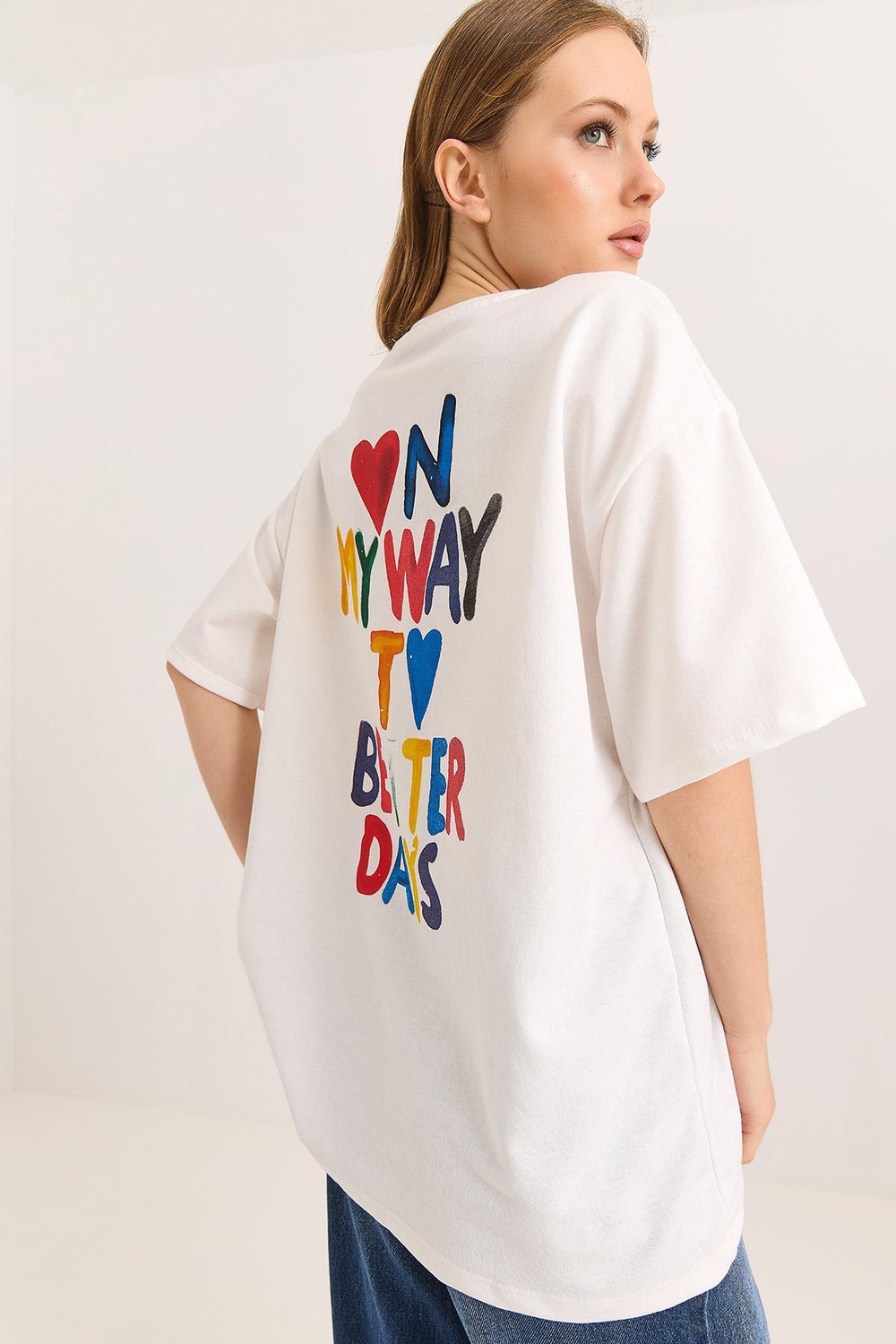 My Way Ön ve Arka Baskılı Rahat Kalıp Tshirt Beyaz