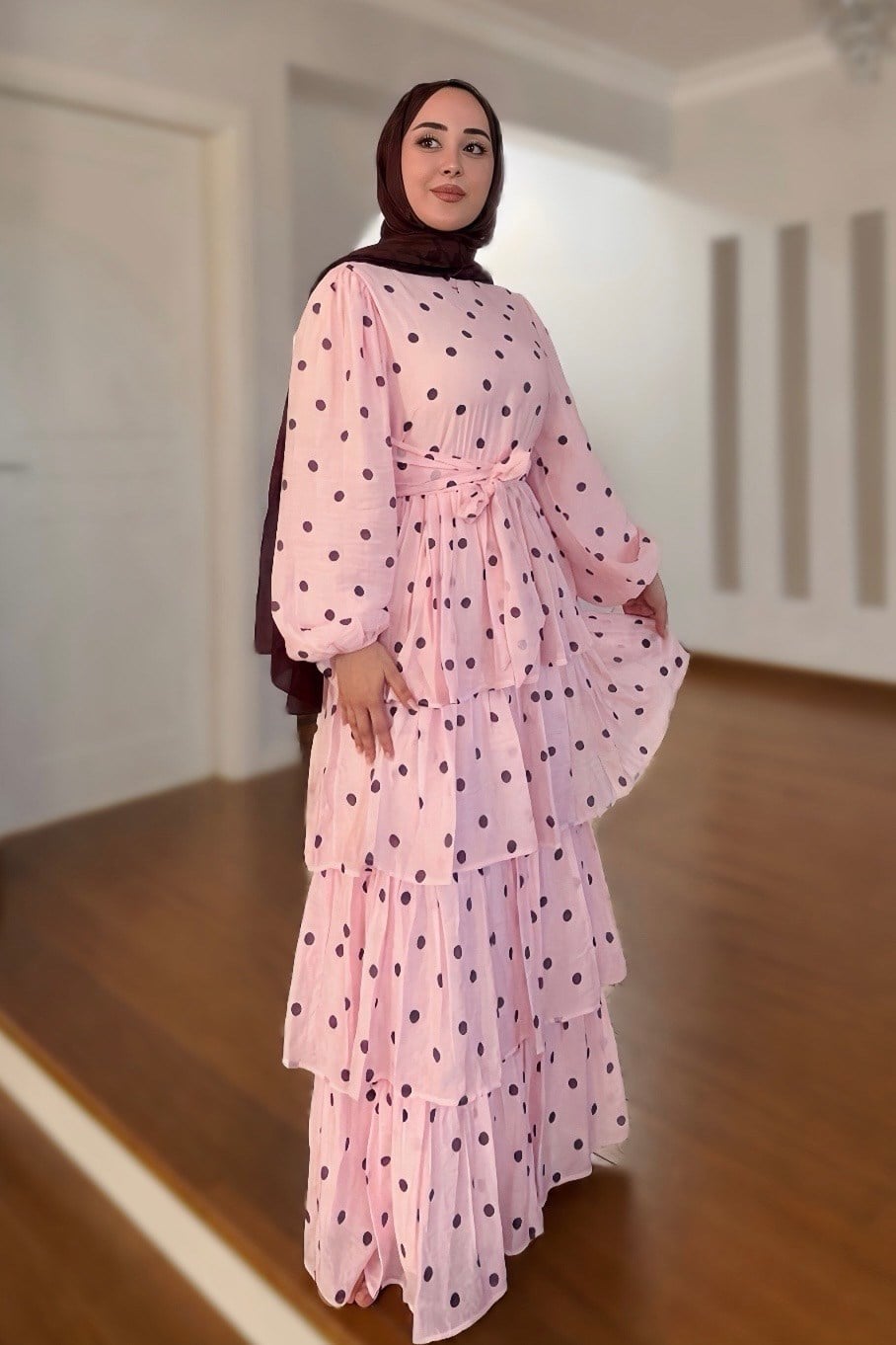 Kadın Puantiyeli Kuşaklı Kat Detay Tül Modal Astarlı Elbise Pembe