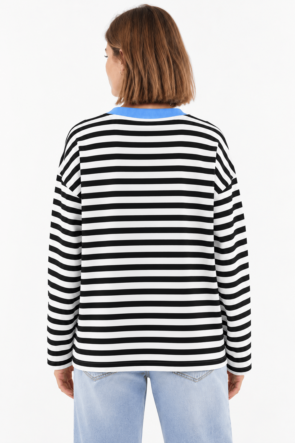 Kadın Bisiklet Yaka Baskılı Çizgili Sweatshirt Mavi