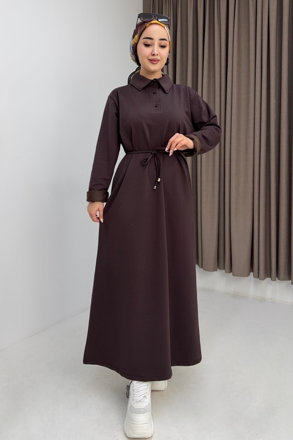 Kadın Beli Bağlamalı Düz Basic Elbise Kahverengi