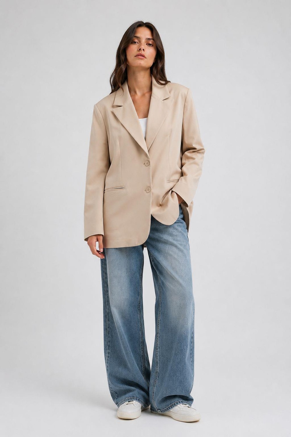 Kadın Blazer Ceket Oversize Astarlı ve Vatkalı Krem