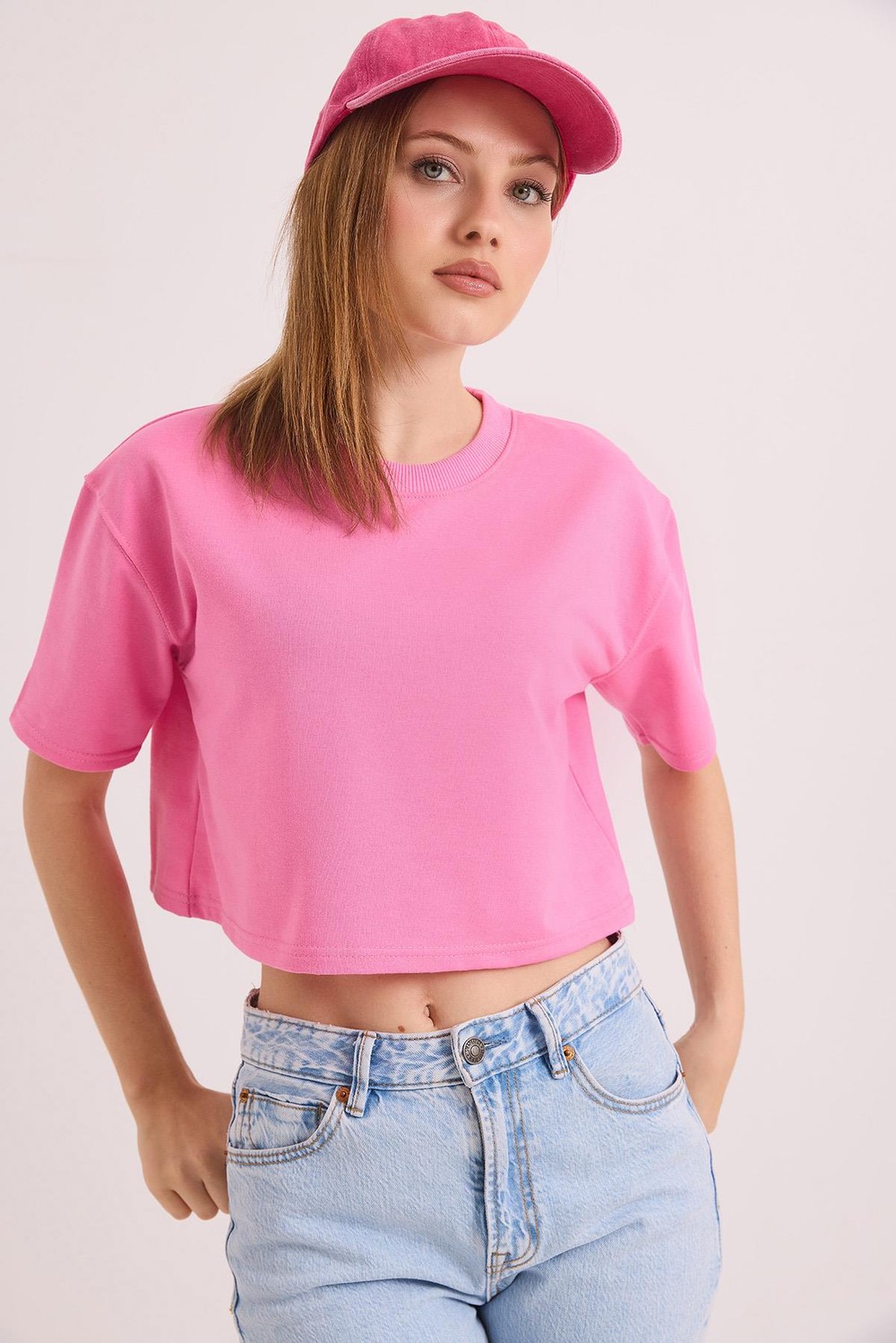 Bisiklet Yaka İki İplik Crop Bluz Pembe