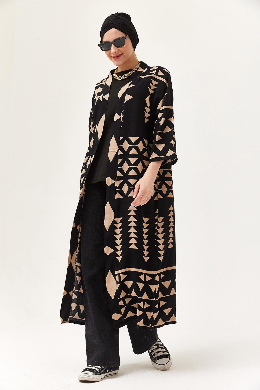 Oversize Şerit Detaylı Kimono Hırka Vizon