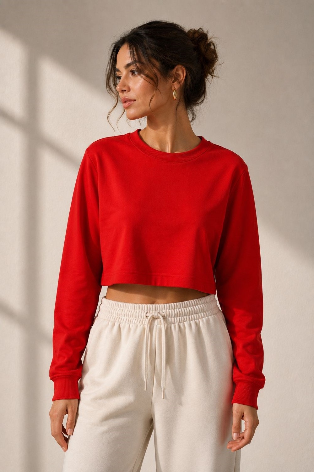 Kadın Bisiklet Yaka İki İplik Crop Sweat Kırmızı 