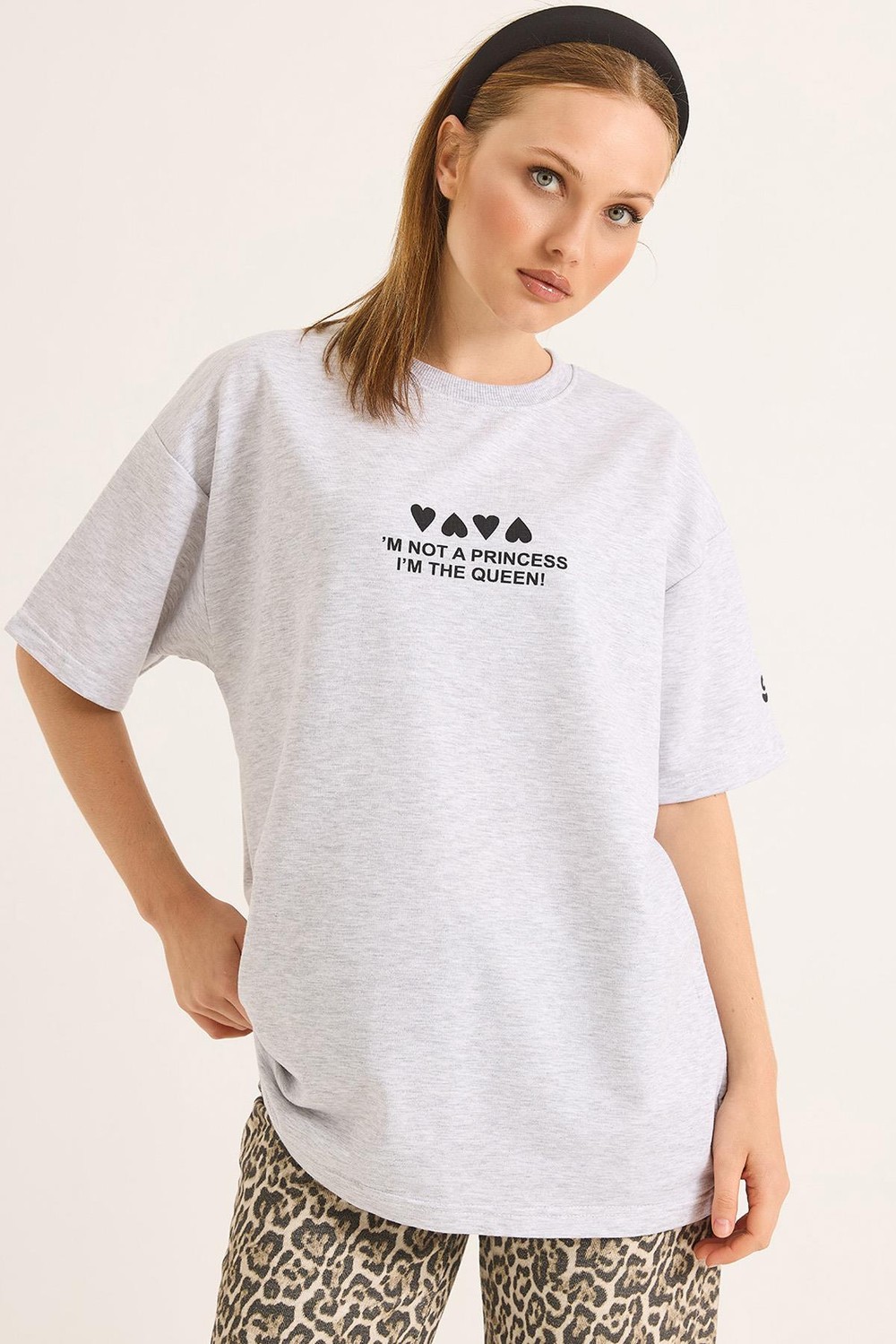 Bisiklet Yaka Baskılı Oversize Tshirt Gri