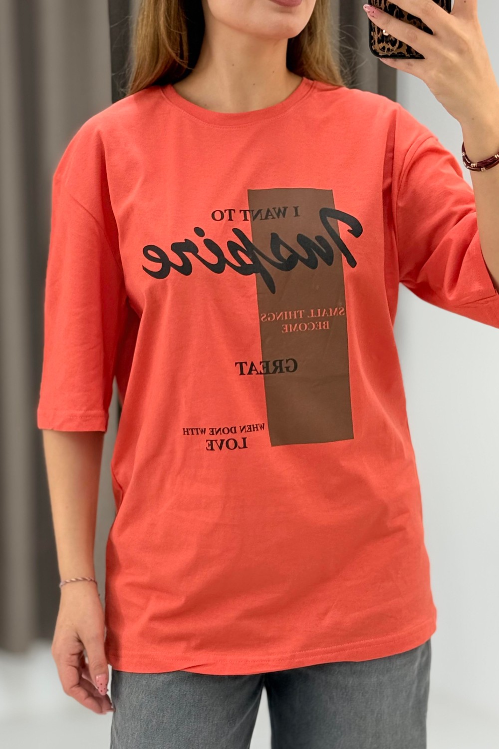 Kadın Yazı Baskılı Bisiklet Yaka Tshirt Turuncu