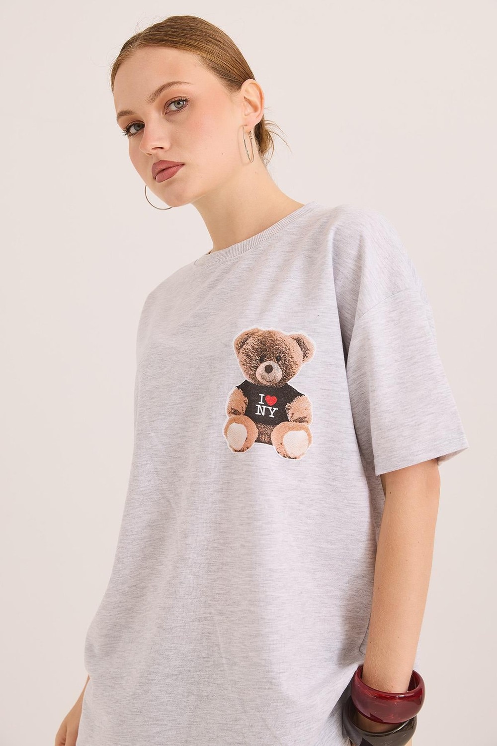 Ön Ve Arka Baskılı İki İp Oversize Örme Tshirt Gri