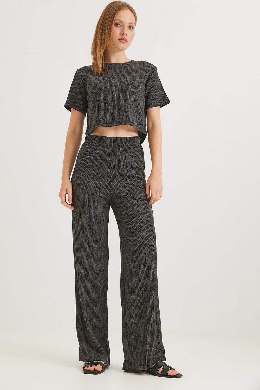Bürümcük Kumaş İkili Crop Takım Füme