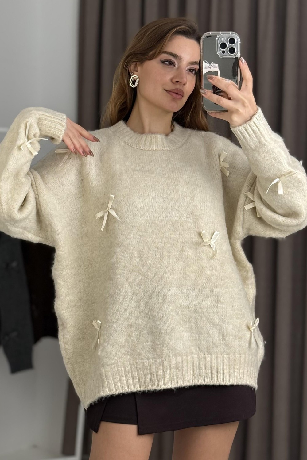 Kadın Kurdele Detaylı Oversize Triko Kazak Ekru