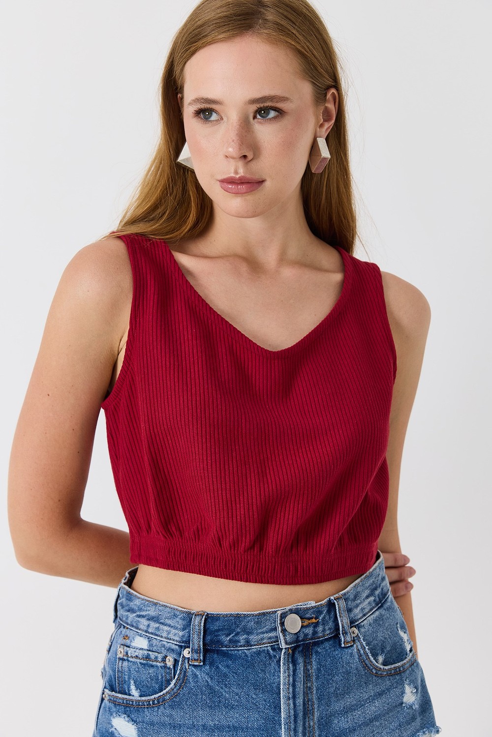 Kadın Kaşkorse Lastik Detaylı Askılı Crop Bordo