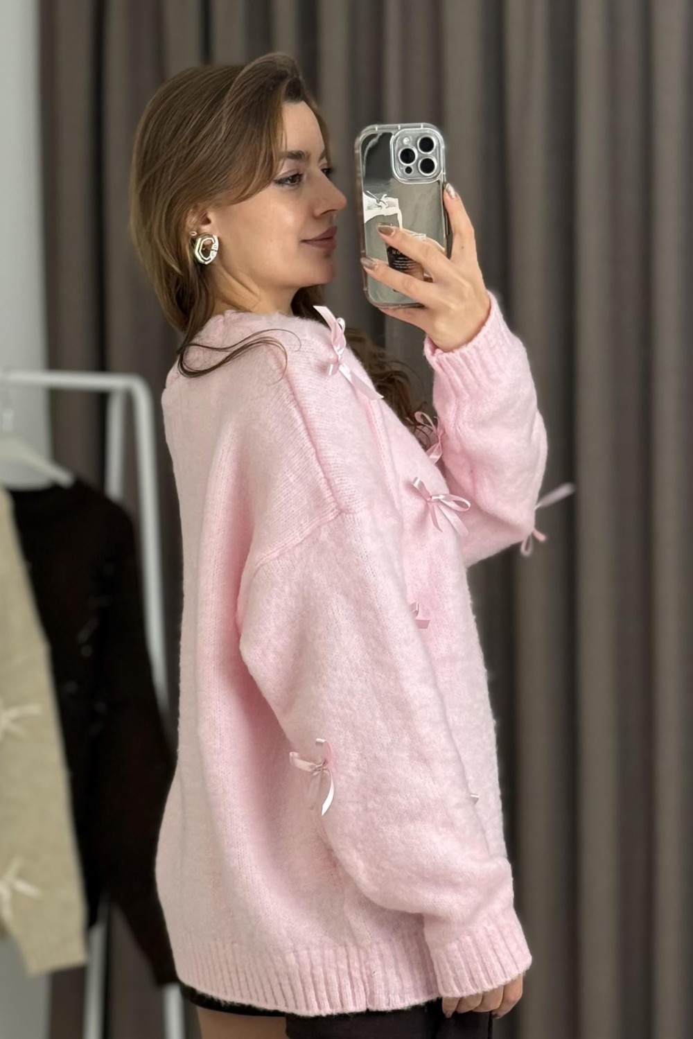 Kadın Kurdele Detaylı Oversize Triko Kazak Pembe