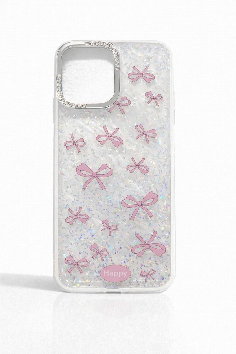 iPhone 15 Pro Max Uyumlu Kurdele Detaylı Glitter ve Taşlı Kılıf Şeffaf