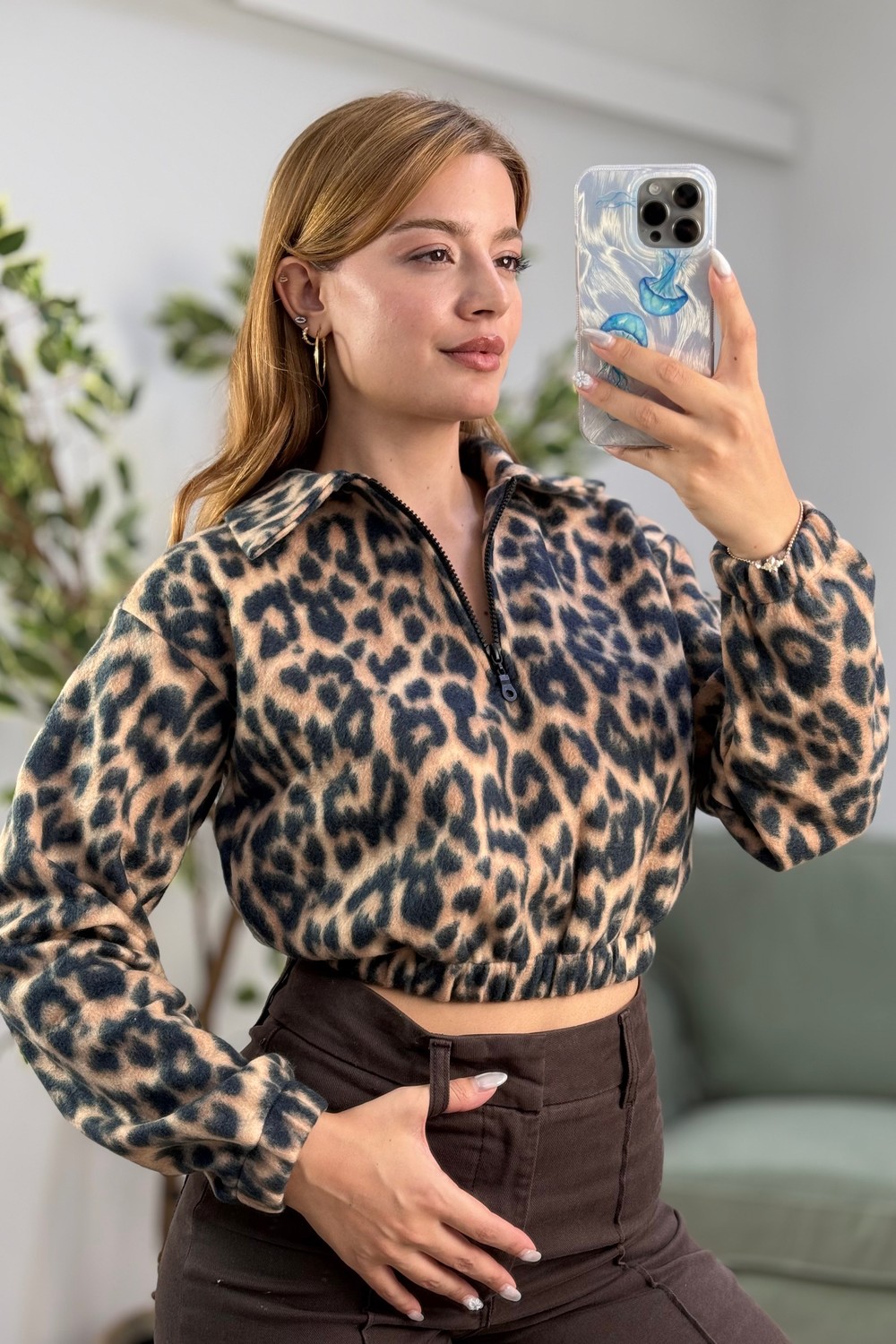 Leopar Desen Yarım Fermuarlı Polar Sweatshirt