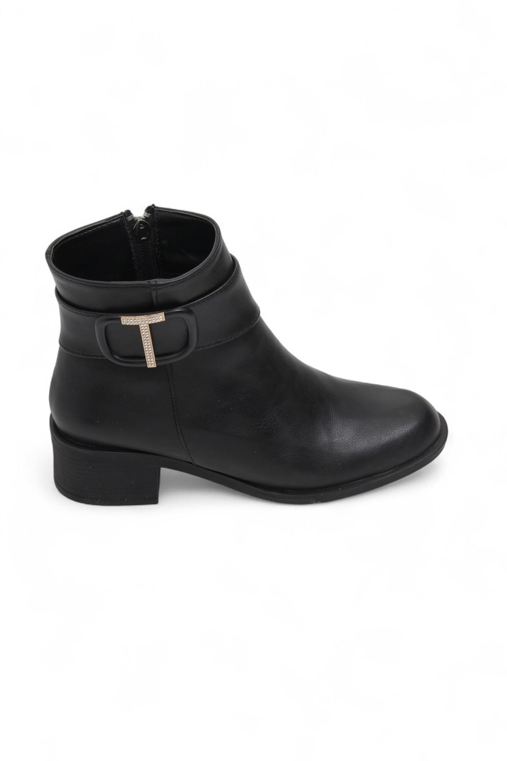 Kadın Yanı Fermuarlı Suni Deri Tokalı Siyah Bot