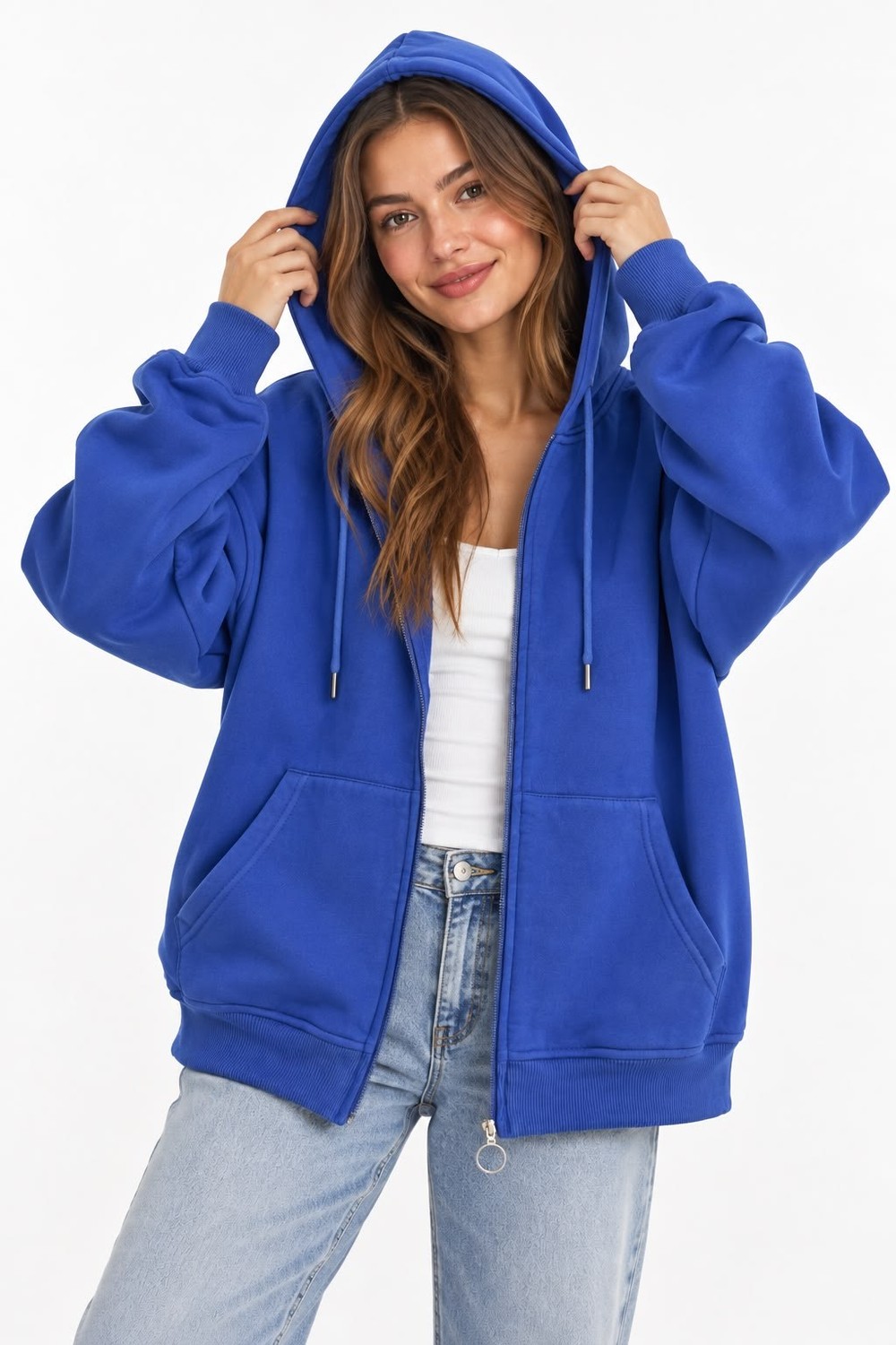 Kadın Kapüşonlu Fermuar Detaylı Cepli Sweatshirt Koyu  Mavi