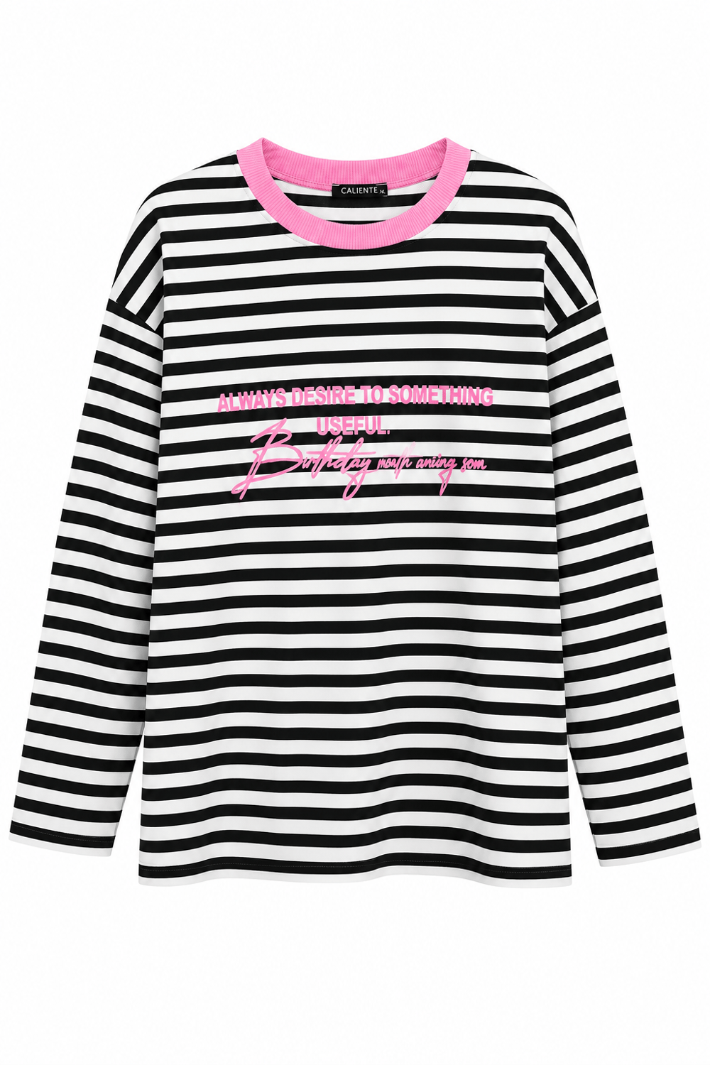 Kadın Bisiklet Yaka Baskılı Çizgili Sweatshirt Pembe