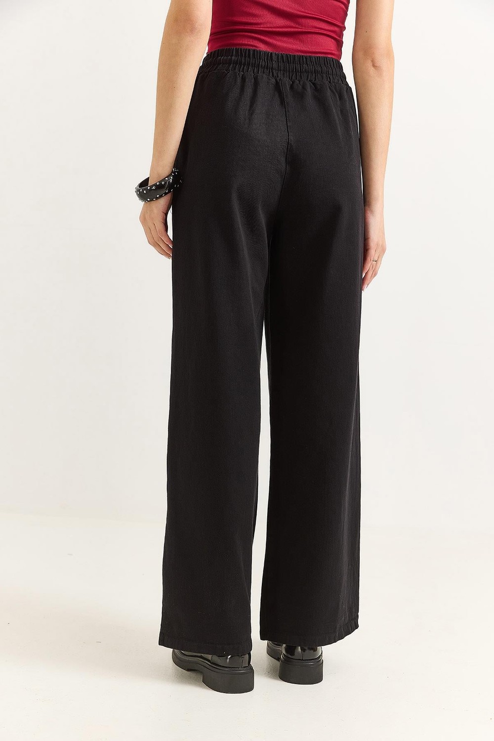 Kadın Pantalon Geniş Paça Bağcıklı  Pantalon Siyah