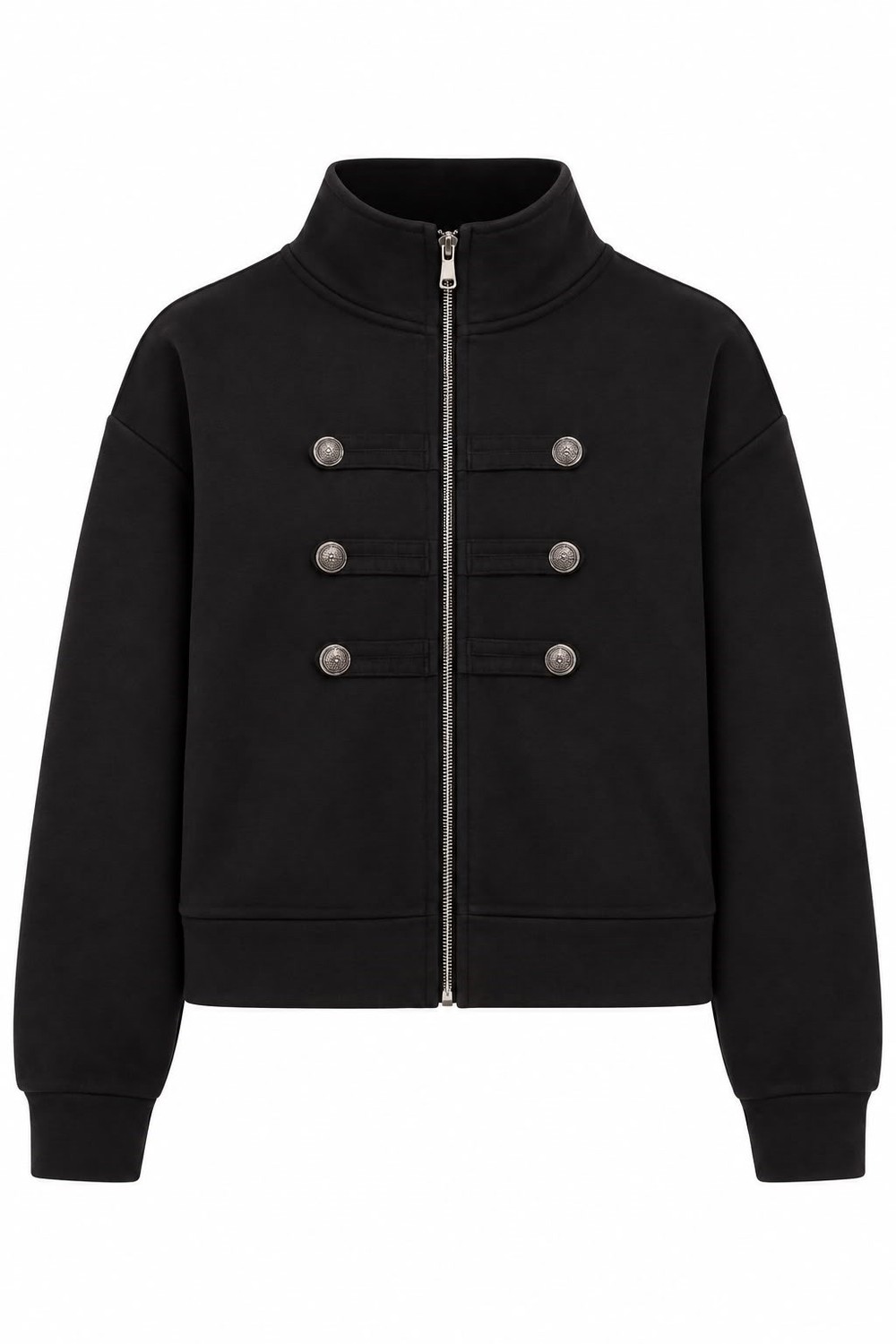 Kadın Düğme Detaylı Fermuarlı Dik Yaka Sweatshirt Siyah