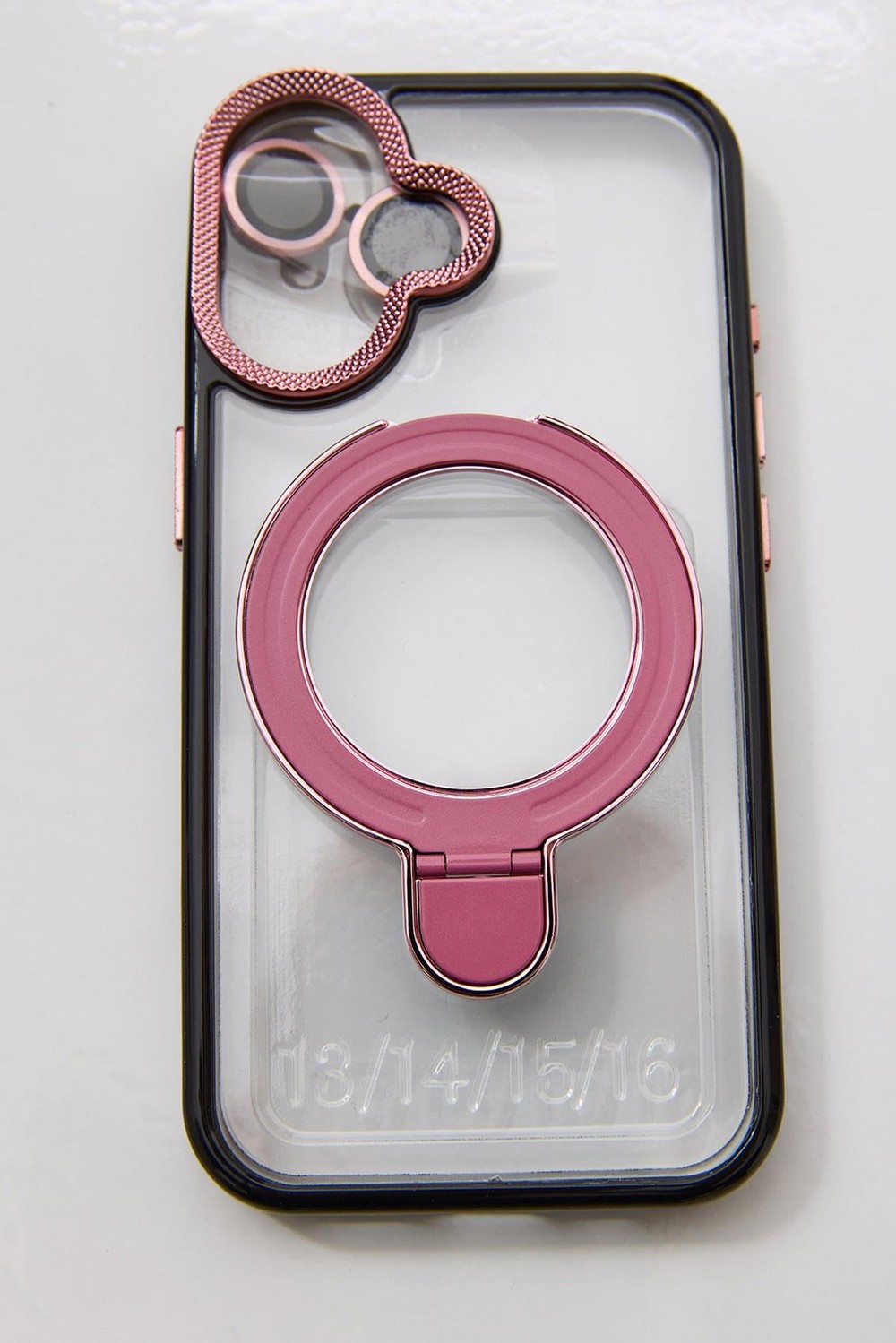 İphone 16 Plus Uyumlu Stand Tutucu Halka Şeffaf Telefon Kılıfı Pembe