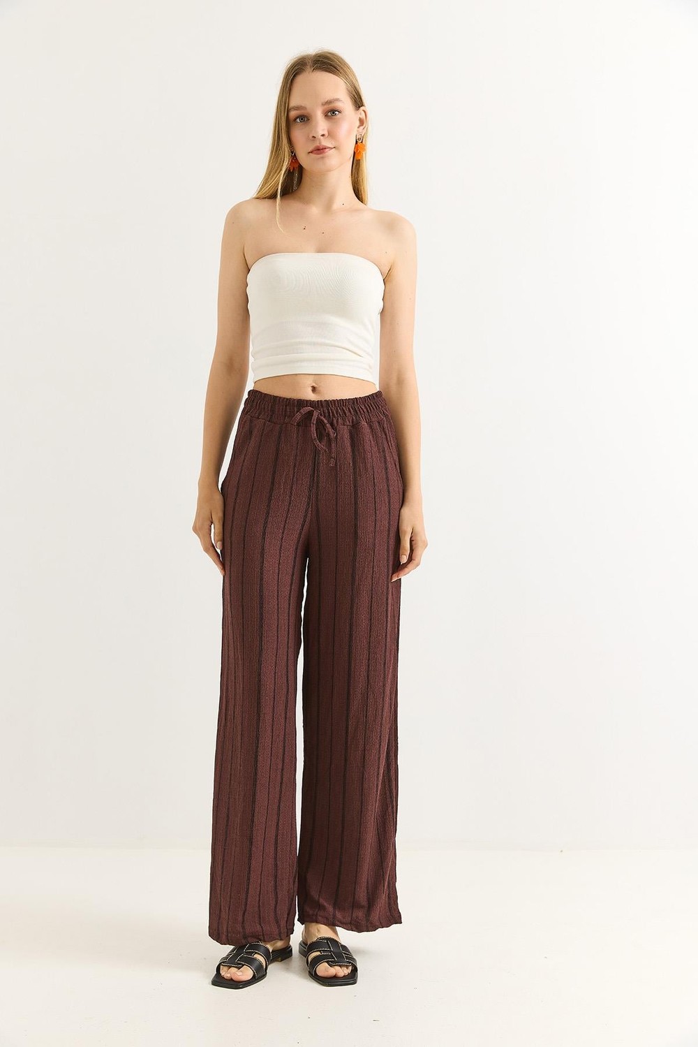 Bürümcük Çizgili Rahat Kesim Pantalon Kahverengi