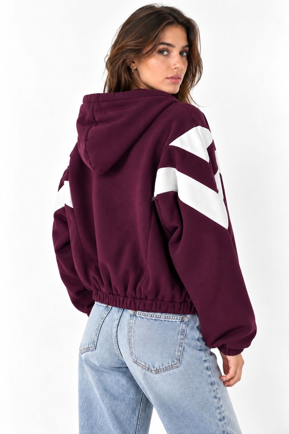 Kadın Beli Lastikli Şerit Detaylı Kapüşonlu Sweat Bordo