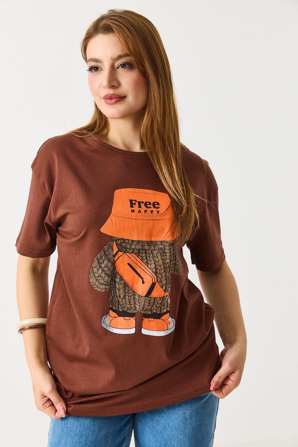 Kadın Baskılı Bisiklet Yaka Kısa Kol Tshirt Kahverengi