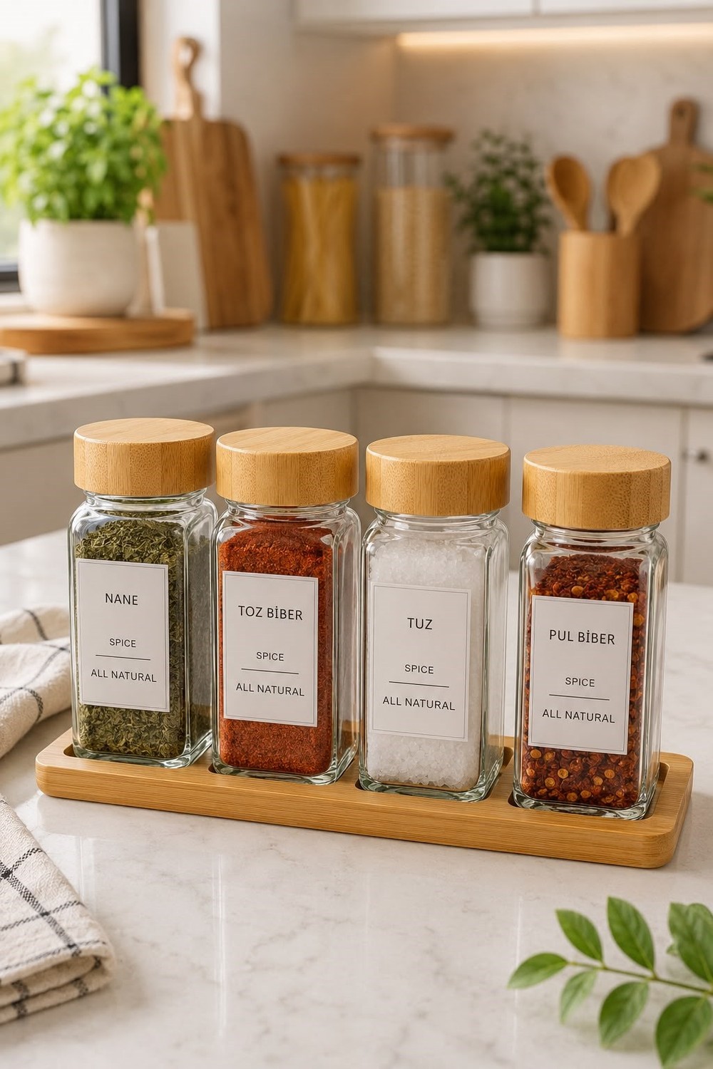 Cam Bambu Kapaklı Standlı Kare Form Baharat Seti