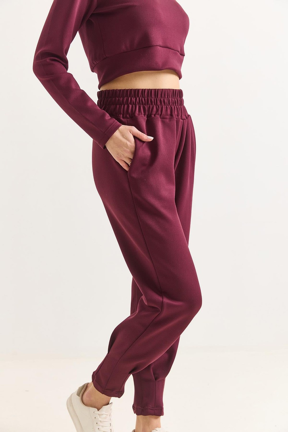 Kadın Modal Scuba Yüksel Bel Jogger Eşofman Takımı Bordo