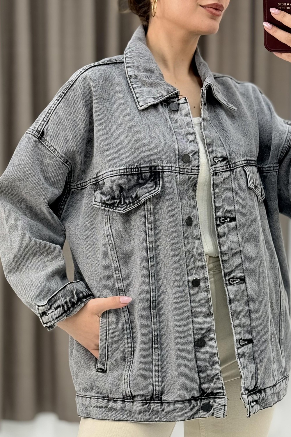 Kadın Oversize Cepli Şık Kot Ceket 