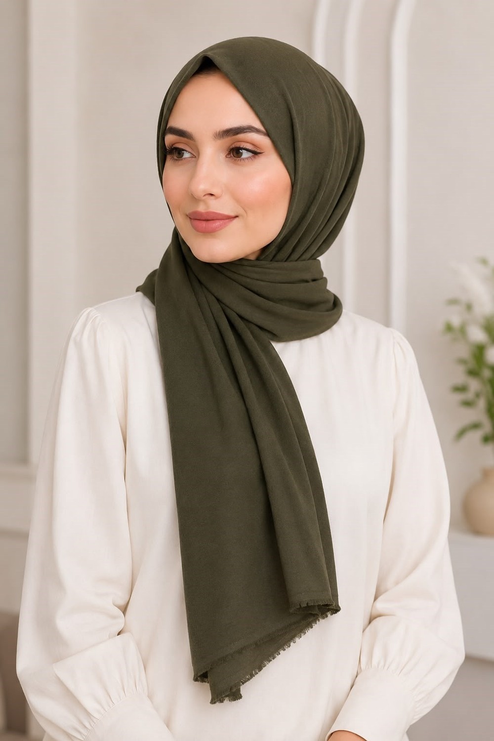 Kadın 180X65 Ölçülü Penye Şal Haki