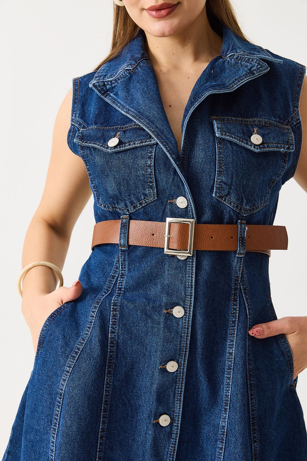 Kemerli Önden Düğmeli Kolsuz Denim Elbise Lacivert