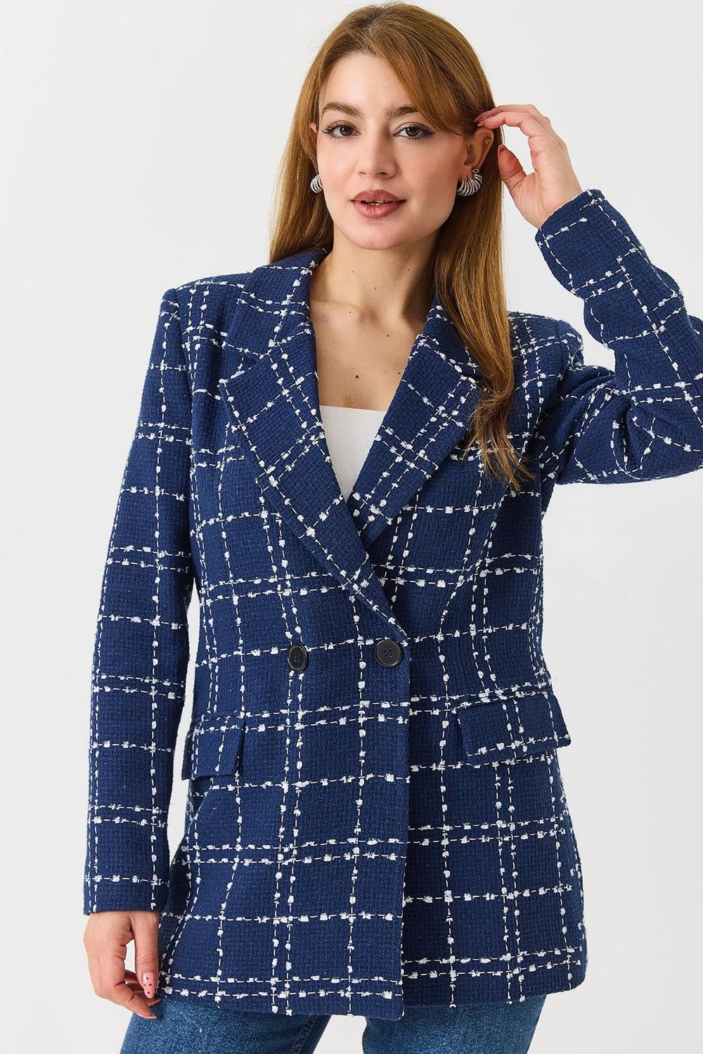 Kadın Ekoseli Blazer Ceket Lacivert