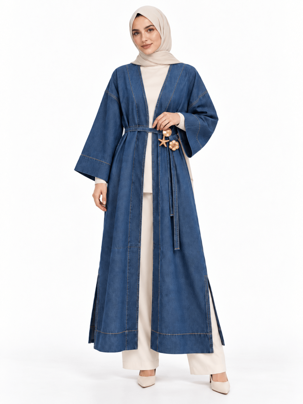 Kadın Yanları Yırtmaçlı Önden Bağlama Ve Charm Detaylı Jean Kap/Abaya Mavi