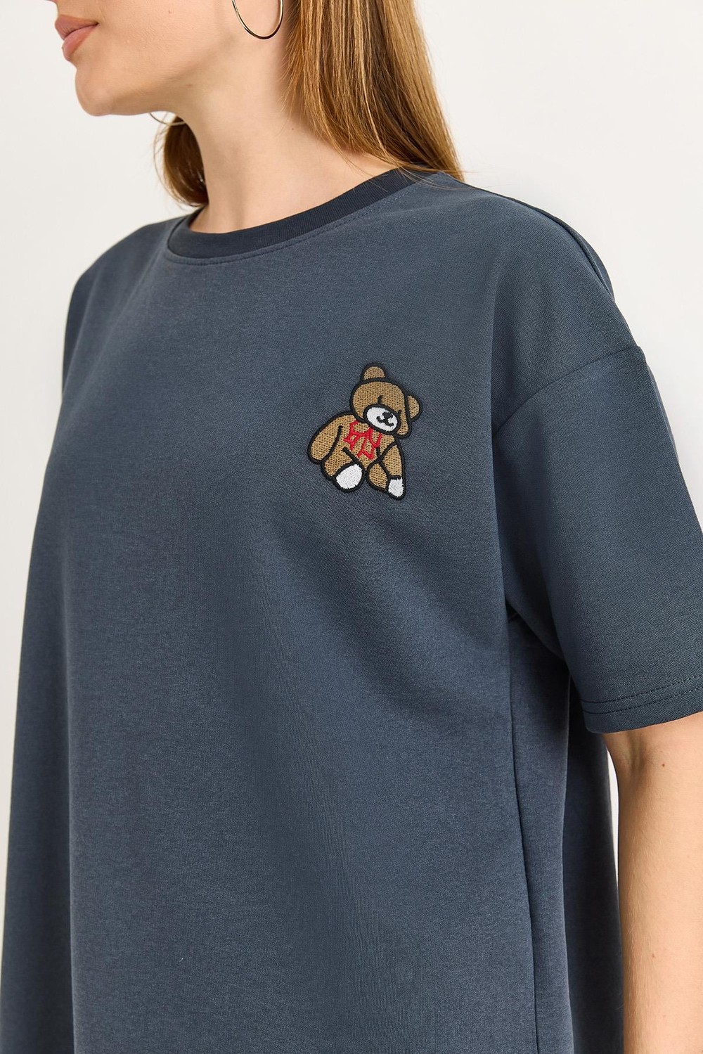 Ayıcık Nakışlı Oversize İki İp Tshirt Füme