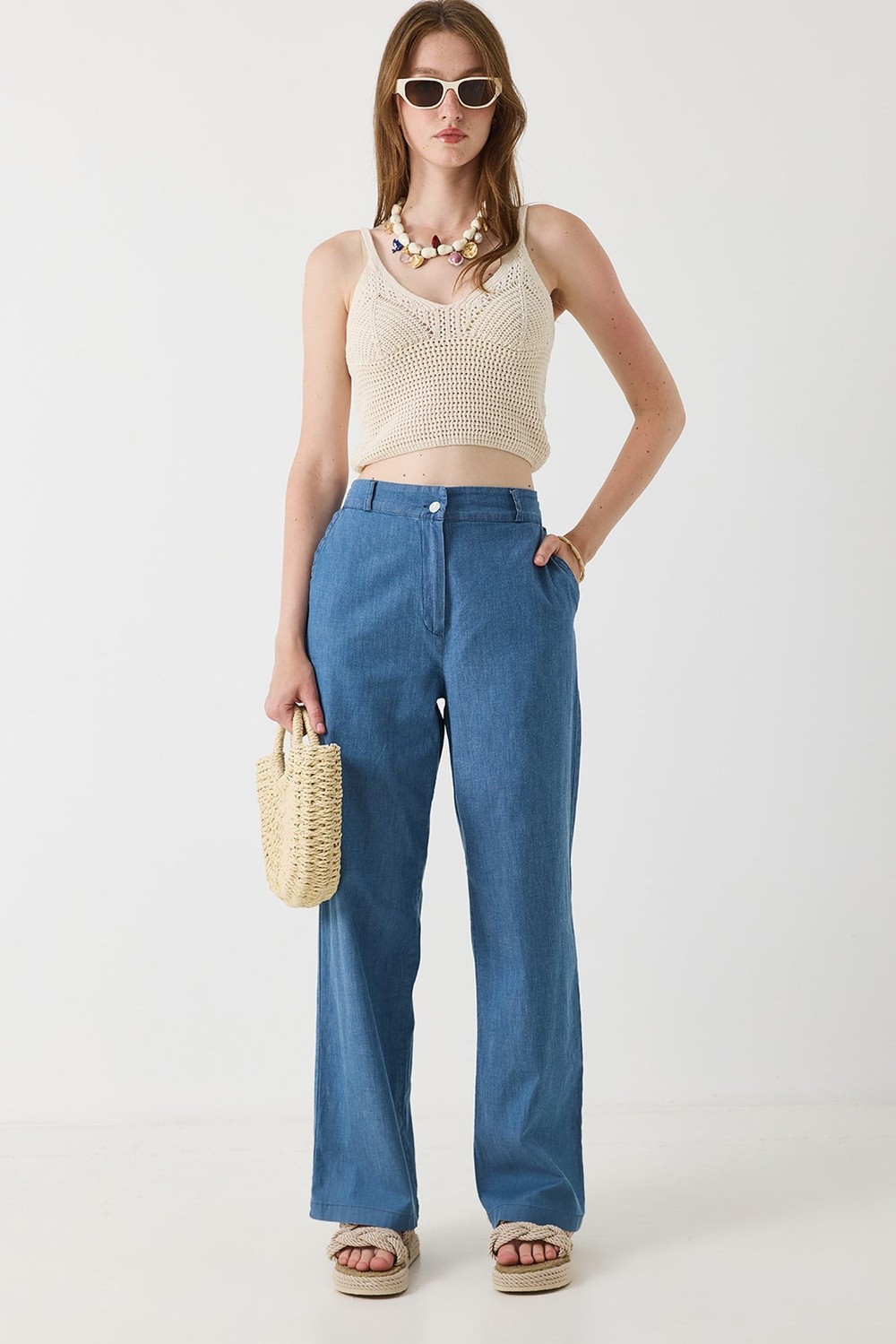 Kadın Beli Lastikli Geniş Paça Rahat Kesim Pantalon Mavi