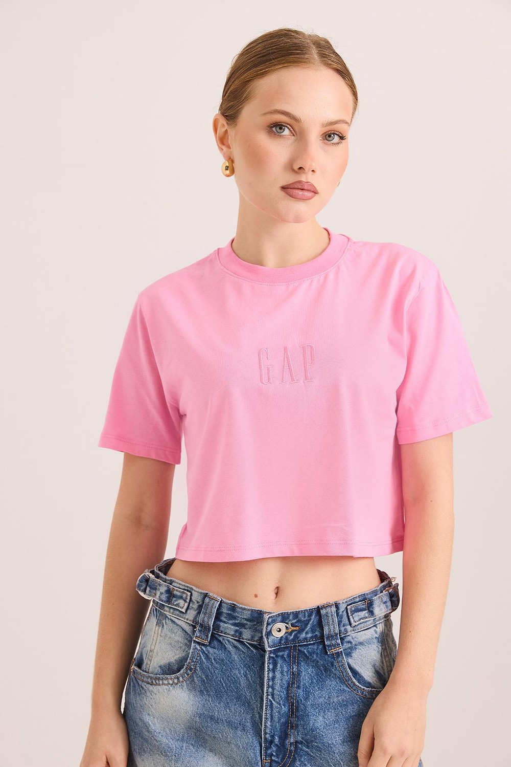Nakışlı Örme Pamuk Crop Tshirt Pembe