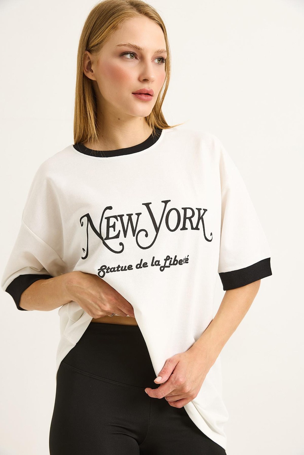 Kolları Garnili Baskılı  Oversize Kadın Tshirt